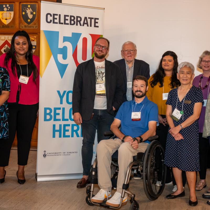 Speakers at the reunion, from left to right: Natasha Jesenak, Helen Tewolde, Zak Jones, David Nimmo, Beau Hayward, Kavery Bedar, Carol Chin, Cheryl Shook, Antoinette Handley.