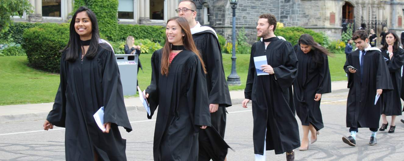 Woodsworth graduands walking towards Convocation Hall
