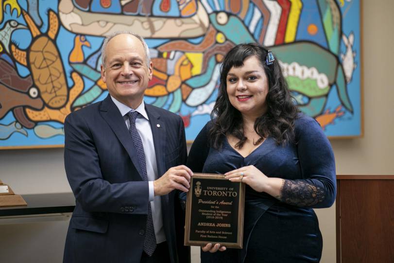 Andrea Johns with U of T President Meric Gertler at the ceremony.