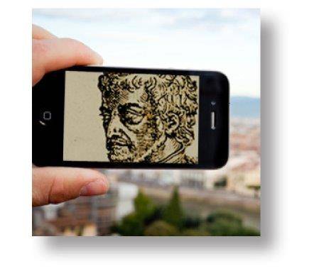 iPhone with image of an old sketched portrait