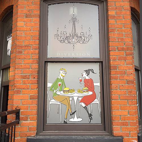 A window installation featuring Cavanagh’s illustrations at local dining institution The House on Parliament.