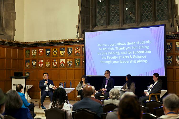 Arts & Science alum Eugene Choi (HBA ‘12, MBA ‘19) hosts a panel of current students discussing how donor support through scholarships and awards enhanced their education and U of T experience.  